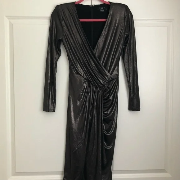 Guess Marciano | Black Metallic Silver Midi Wrap Dress NWOT - Picture 5 of 11